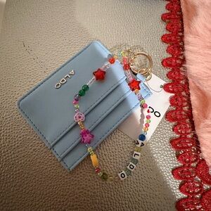 Aldo Light Blue Card Holder with Multicolor Beaded Keychain